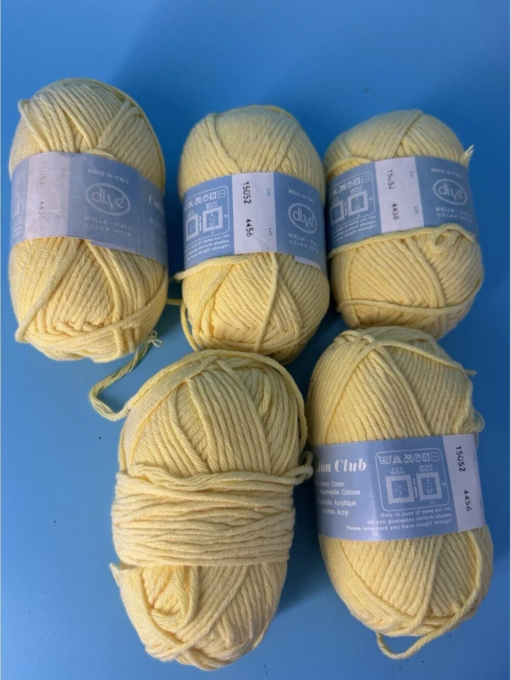 Lot 5 di.Ve Cotton Club Yarn Yellow 60% Cotton 40% Acrylic Color 15052 Lot 4456